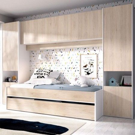 Cama puente juvenil Kwai Roble Natural - Blanco 303 x 203 x 97 cm
