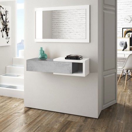 Mueble recibidor con cajón y espejo Noon, blanco Artik - Cemento 95 x 19 x 26 cm