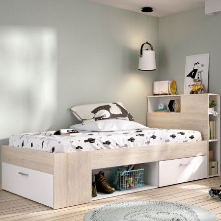 Cama compacta con cabecero integrado Lanka roble Natural - Blanco con un cajón y puerta 99 x 96 x 218 cm