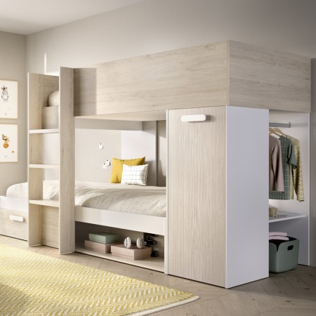 Cama tren Kos con vestidor y armario Blanco - Alistonado - Roble Natural 245,8 x 150 x 111,7 cm