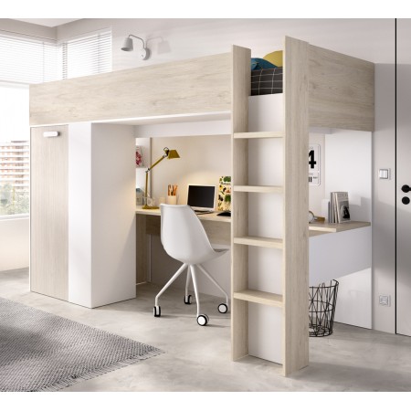 Cama alta con armario y mesa de estudio Spylo Blanco - Alistonado - Natural 206 x 177,5 x 111 cm