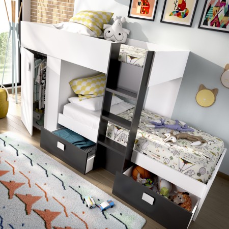 Cama tren con armario Groe Blanco - Grafito 271 x 150 x 111 cm