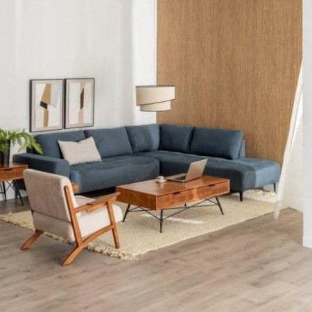 Sofá Chaiselongue derecha tapizado azul 266 x 222 x 80 cm