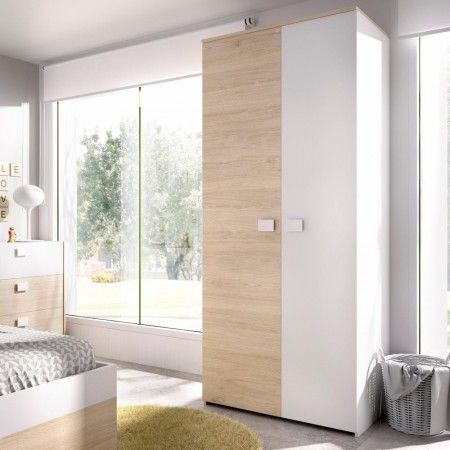 Armario juvenil de dos puertas Dina Blanco - Roble Natural 90 x 205 x 52 cm
