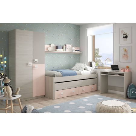 Pack cama nido doble juvenil NUBE, mesa estudio y armario dos puertas