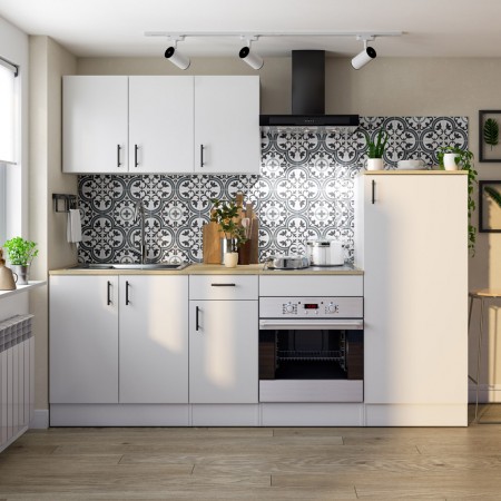 Cocina modular completa Málaga Kira Blanco Brillo - Roble Canadian 240 x 211 x 60 cm