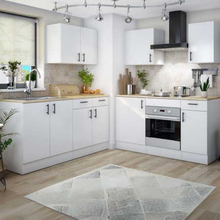 Cocina modular completa en forma L Madrid Blanco Brillo - Roble Canadian 320 x 211 x 60 cm