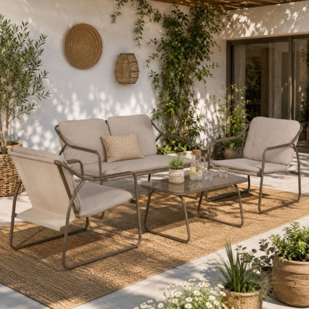Conjunto para jardín en acero tapizado en olefina, Sofá, 2 Sillones y mesa de cristal templado