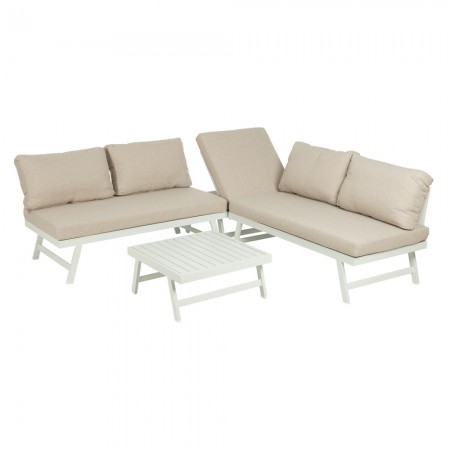 Conjunto rincón jardín aluminio Blanco - Beige 2 sofás, esquinero y mesa de centro