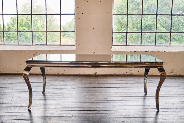 Mesa de comedor KAWOLA AMARA, estilo barroco, con estructura de acero inoxidable y cristal, 200 x 100 cm