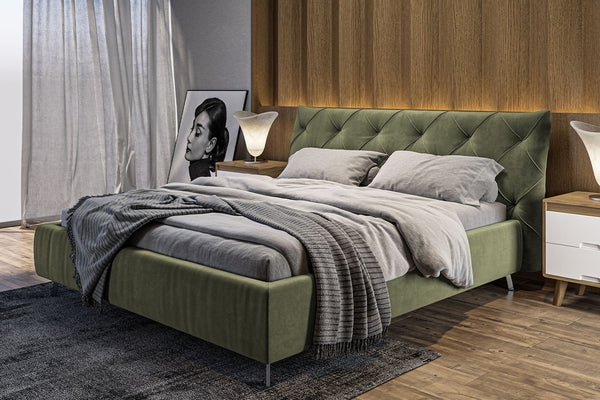 Cama KAWOLA ANNY, cama tapizada en terciopelo verde oliva