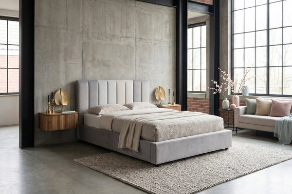 Cama KAWOLA CATTURA, cama tapizada en terciopelo gris