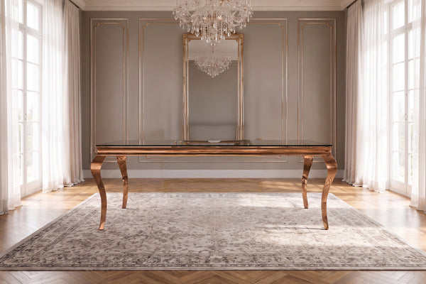 Mesa de comedor KAWOLA AMARA, estilo barroco, con estructura de cristal y acero inoxidable en color oro rosado, 200 x 100 cm